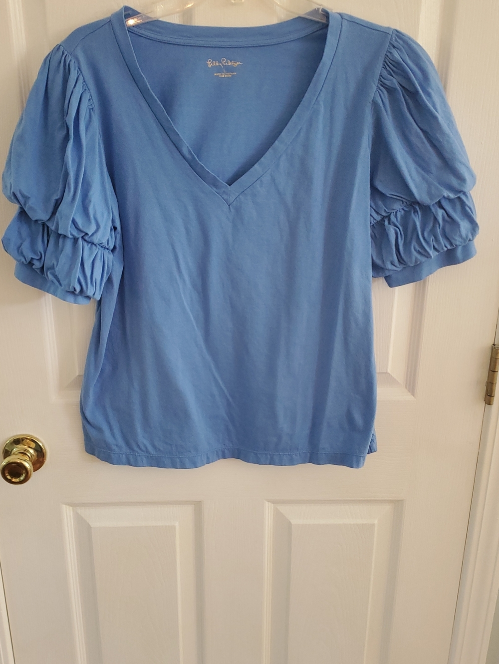 Lilly Pulitzer Blue Puff Sleeve V-Neck Top